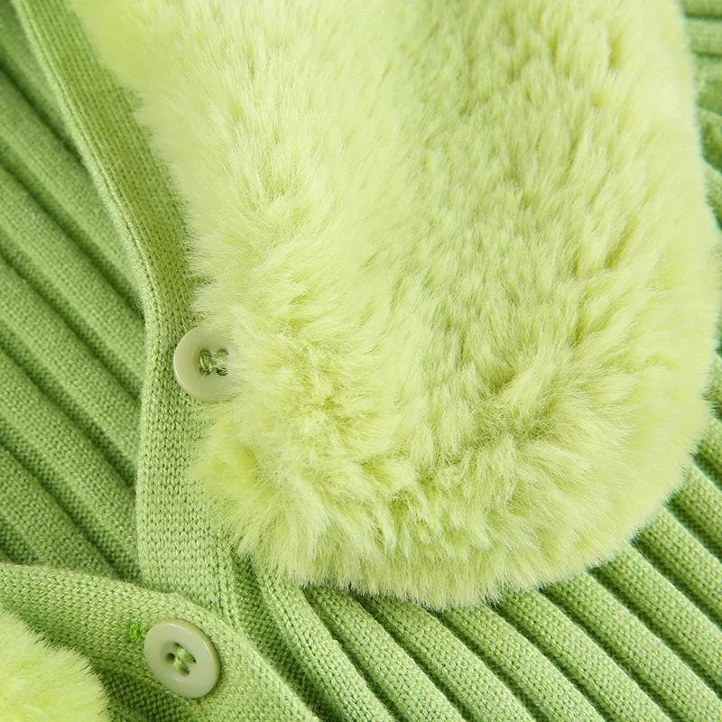 Button fluffy turnover collar knitted long sleeve cardigan top