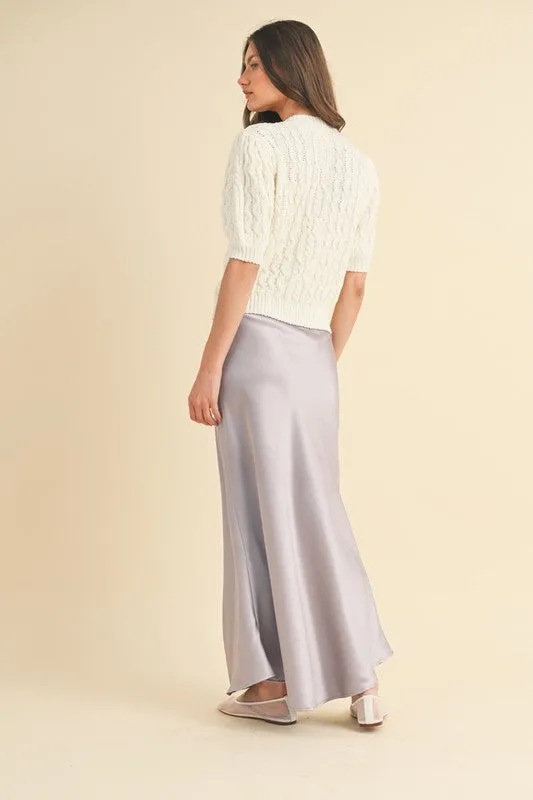 Cable Knit Puff Sleeve Cardigan - White