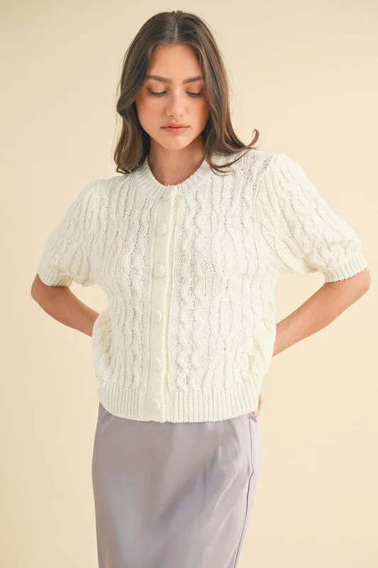 Cable Knit Puff Sleeve Cardigan - White