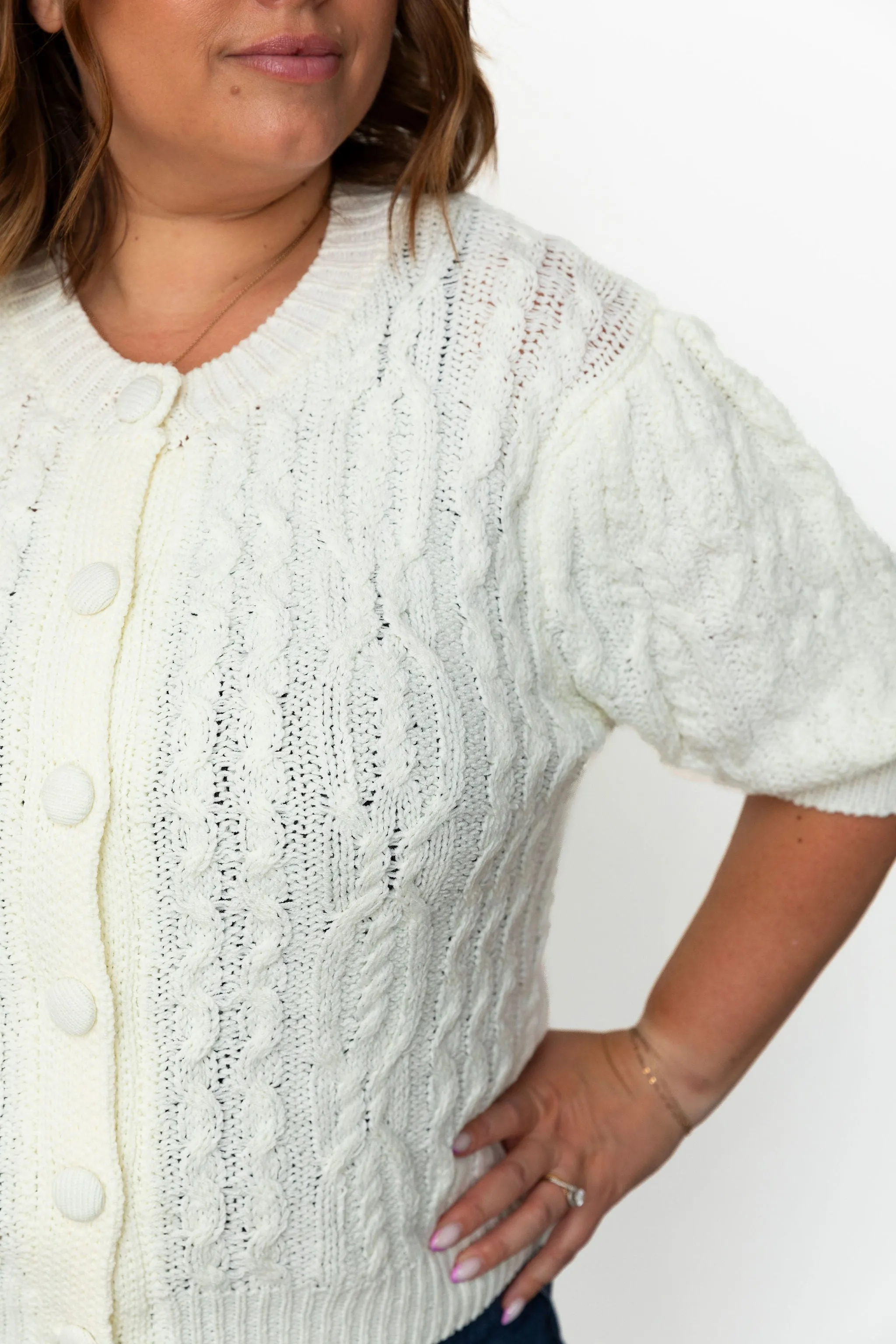 Cable Knit Puff Sleeve Cardigan - White