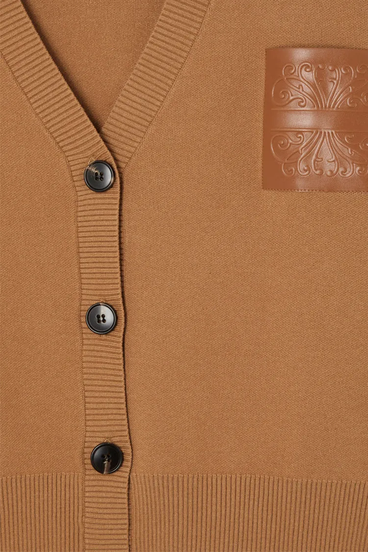 Camel Cardigan With PU Patch
