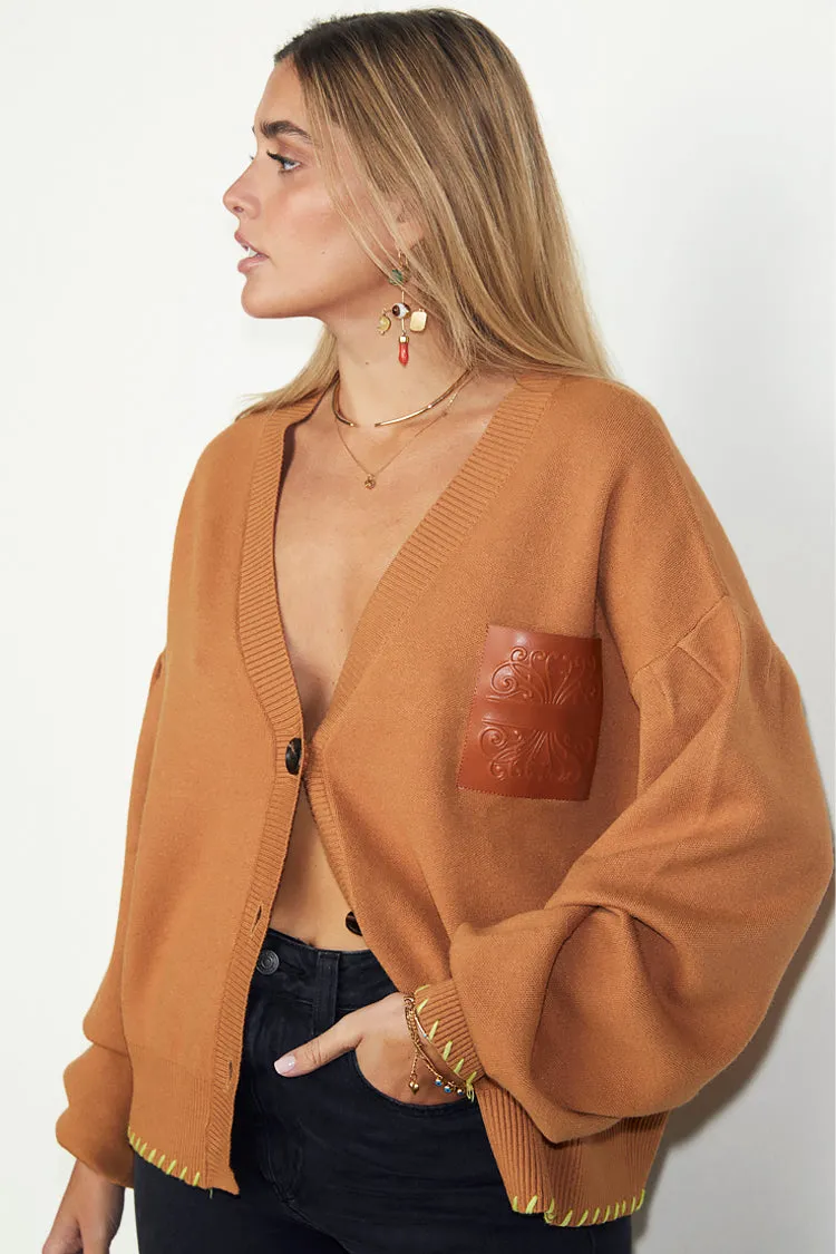 Camel Cardigan With PU Patch