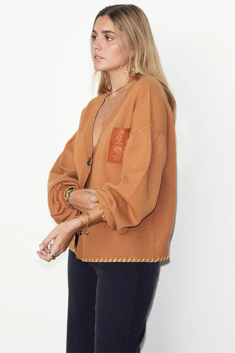 Camel Cardigan With PU Patch