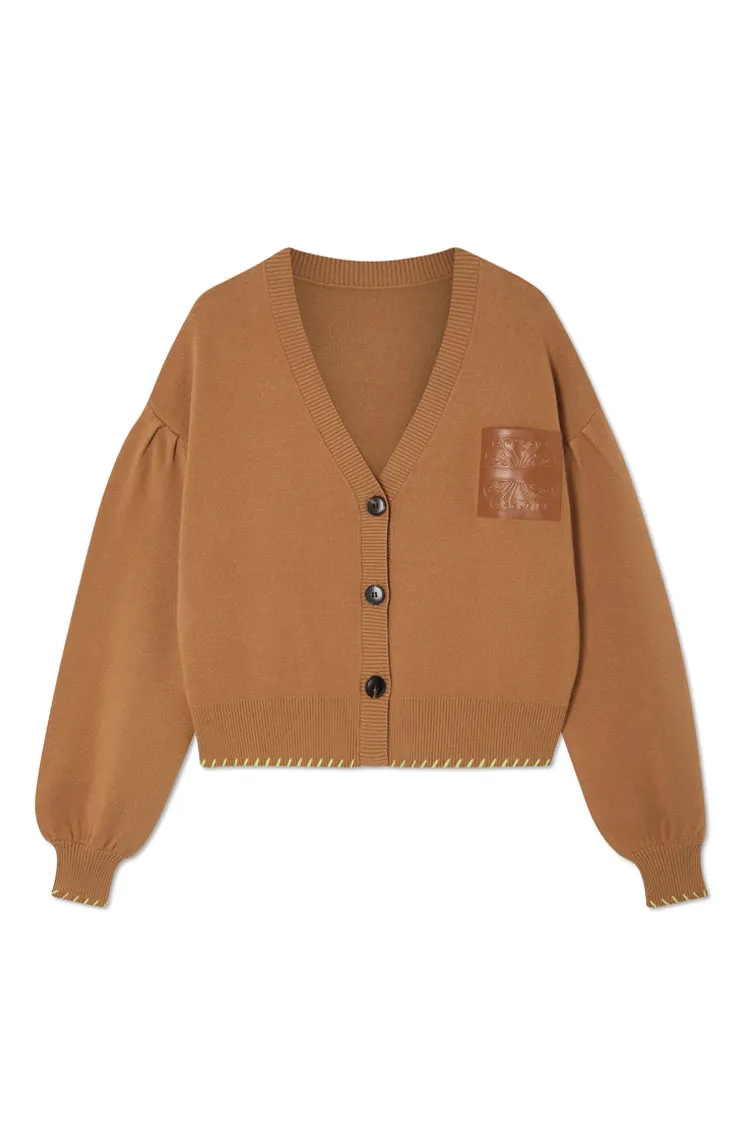 Camel Cardigan With PU Patch