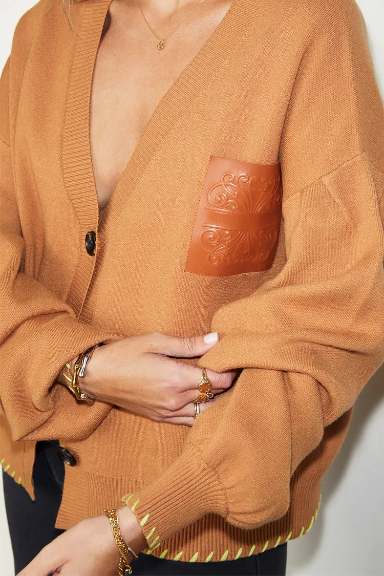 Camel Cardigan With PU Patch