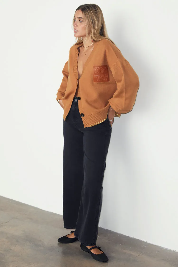Camel Cardigan With PU Patch