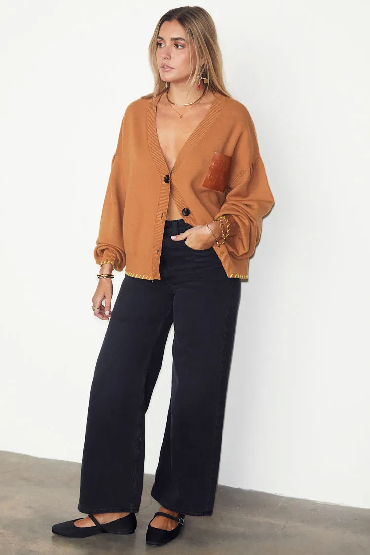 Camel Cardigan With PU Patch