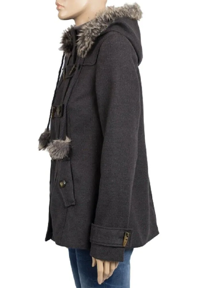 Charcoal Faux Fur Trim Hooded Duffle Coat