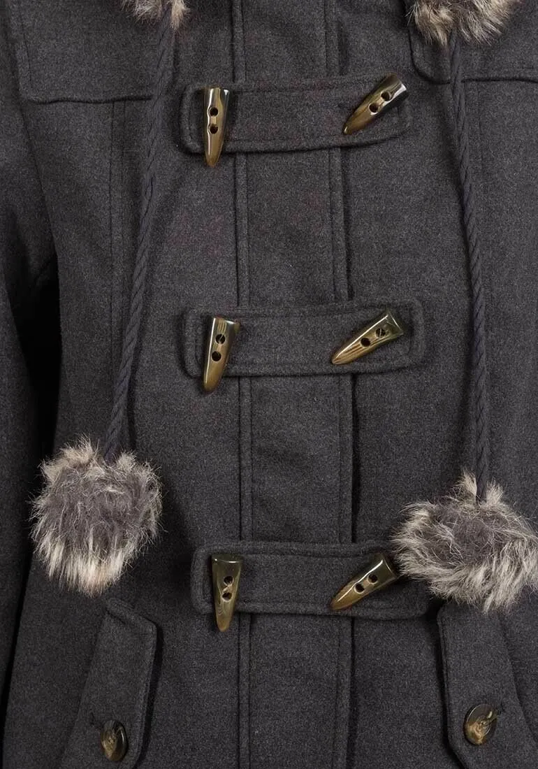 Charcoal Faux Fur Trim Hooded Duffle Coat