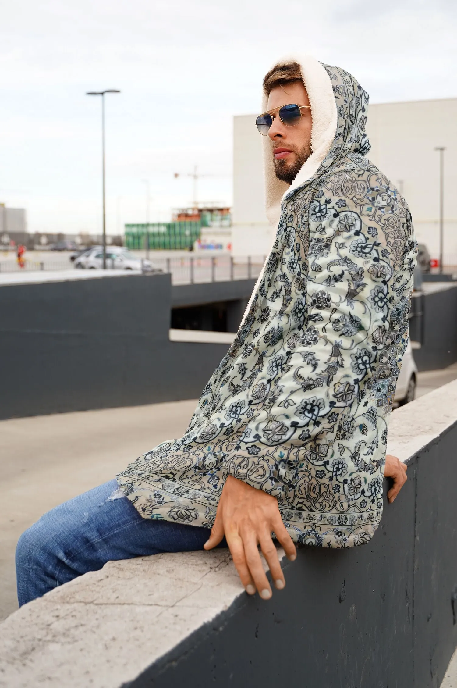 Classic Persian Carpet Cuddle Cloak | Nain, Cream and Soft Blue | Unisex Minky Sherpa Hooded Coat by Manifestie