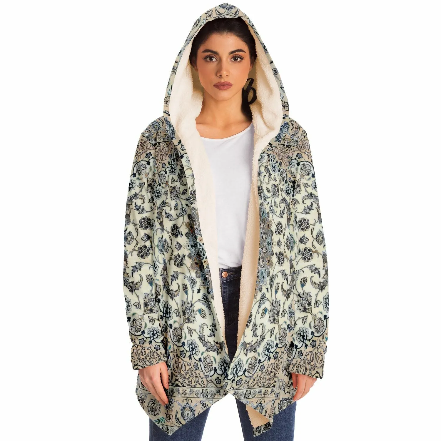 Classic Persian Carpet Cuddle Cloak | Nain, Cream and Soft Blue | Unisex Minky Sherpa Hooded Coat by Manifestie