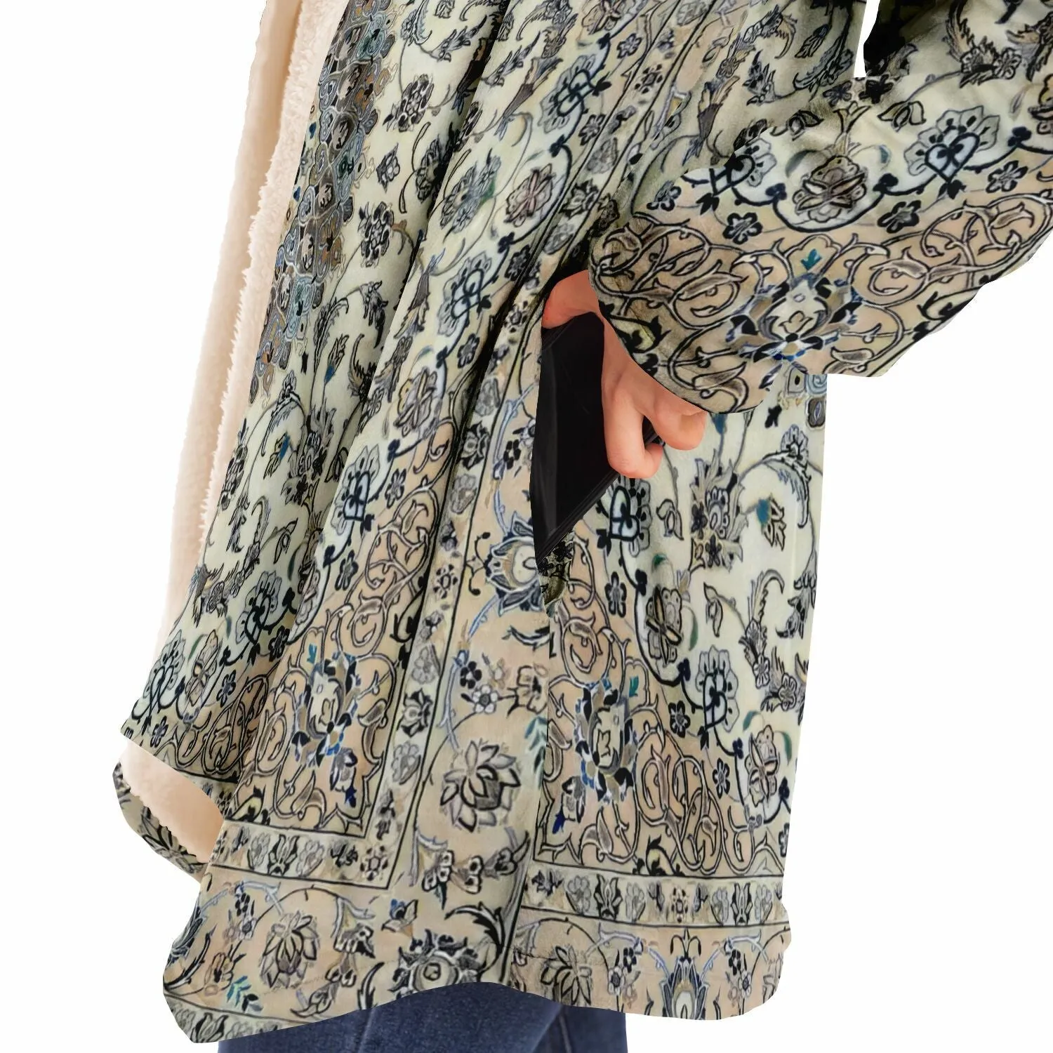 Classic Persian Carpet Cuddle Cloak | Nain, Cream and Soft Blue | Unisex Minky Sherpa Hooded Coat by Manifestie