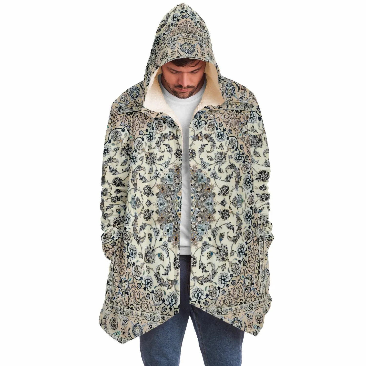 Classic Persian Carpet Cuddle Cloak | Nain, Cream and Soft Blue | Unisex Minky Sherpa Hooded Coat by Manifestie