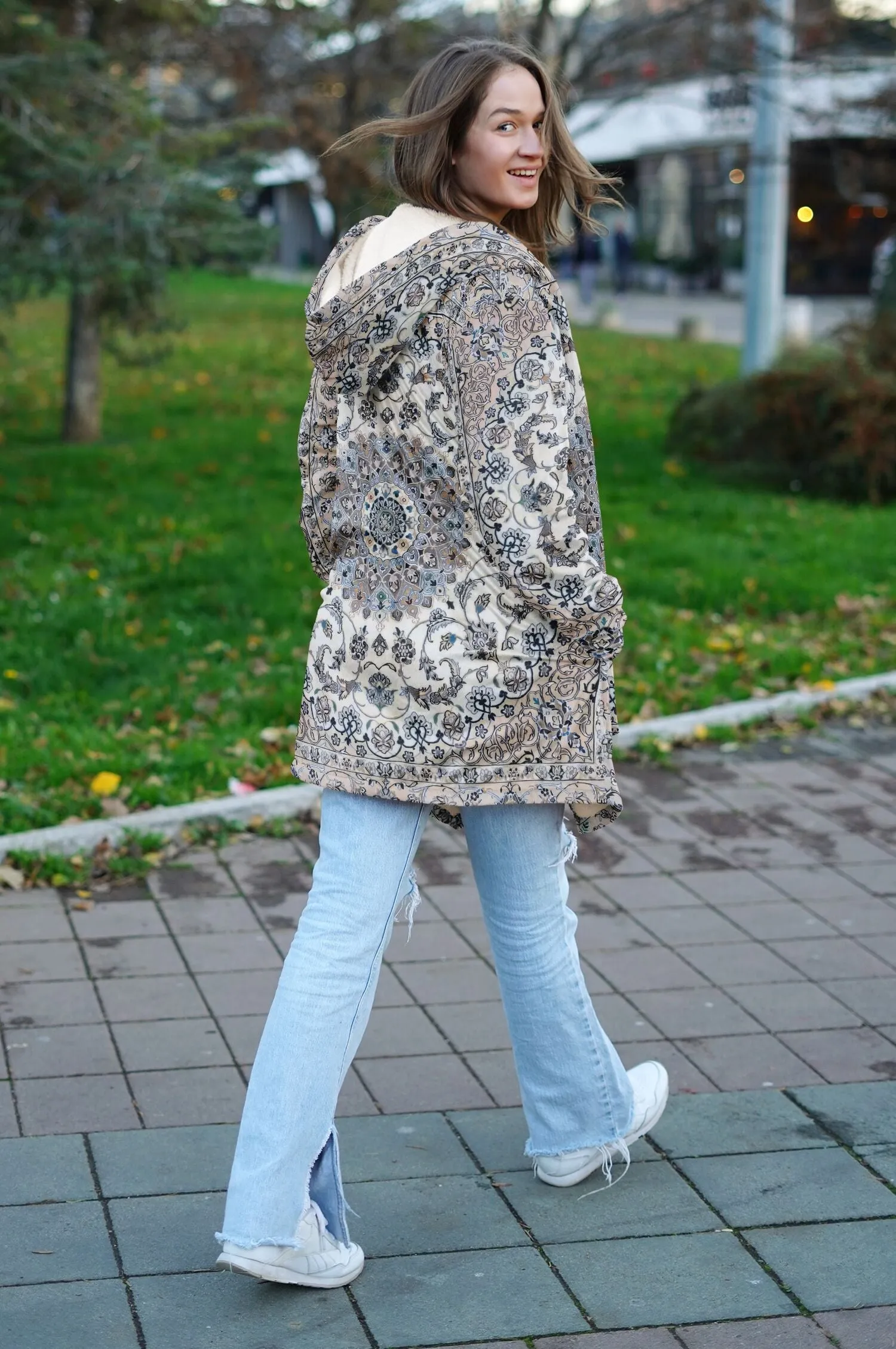 Classic Persian Carpet Cuddle Cloak | Nain, Cream and Soft Blue | Unisex Minky Sherpa Hooded Coat by Manifestie