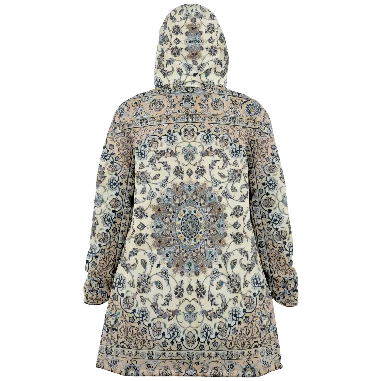 Classic Persian Carpet Cuddle Cloak | Nain, Cream and Soft Blue | Unisex Minky Sherpa Hooded Coat by Manifestie