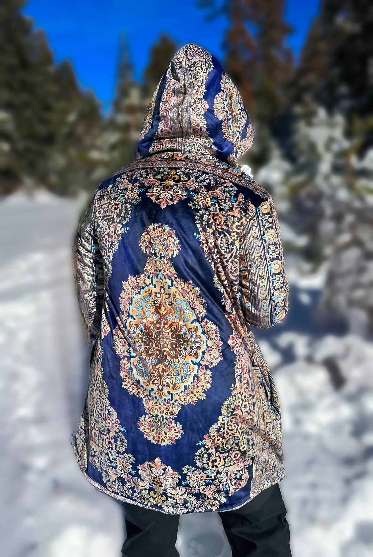 Classic Persian Carpet Cuddle Cloak | Qom, Blue and Gold | Unisex Minky Sherpa Hooded Coat by Manifestie