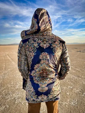 Classic Persian Carpet Cuddle Cloak | Qom, Blue and Gold | Unisex Minky Sherpa Hooded Coat by Manifestie