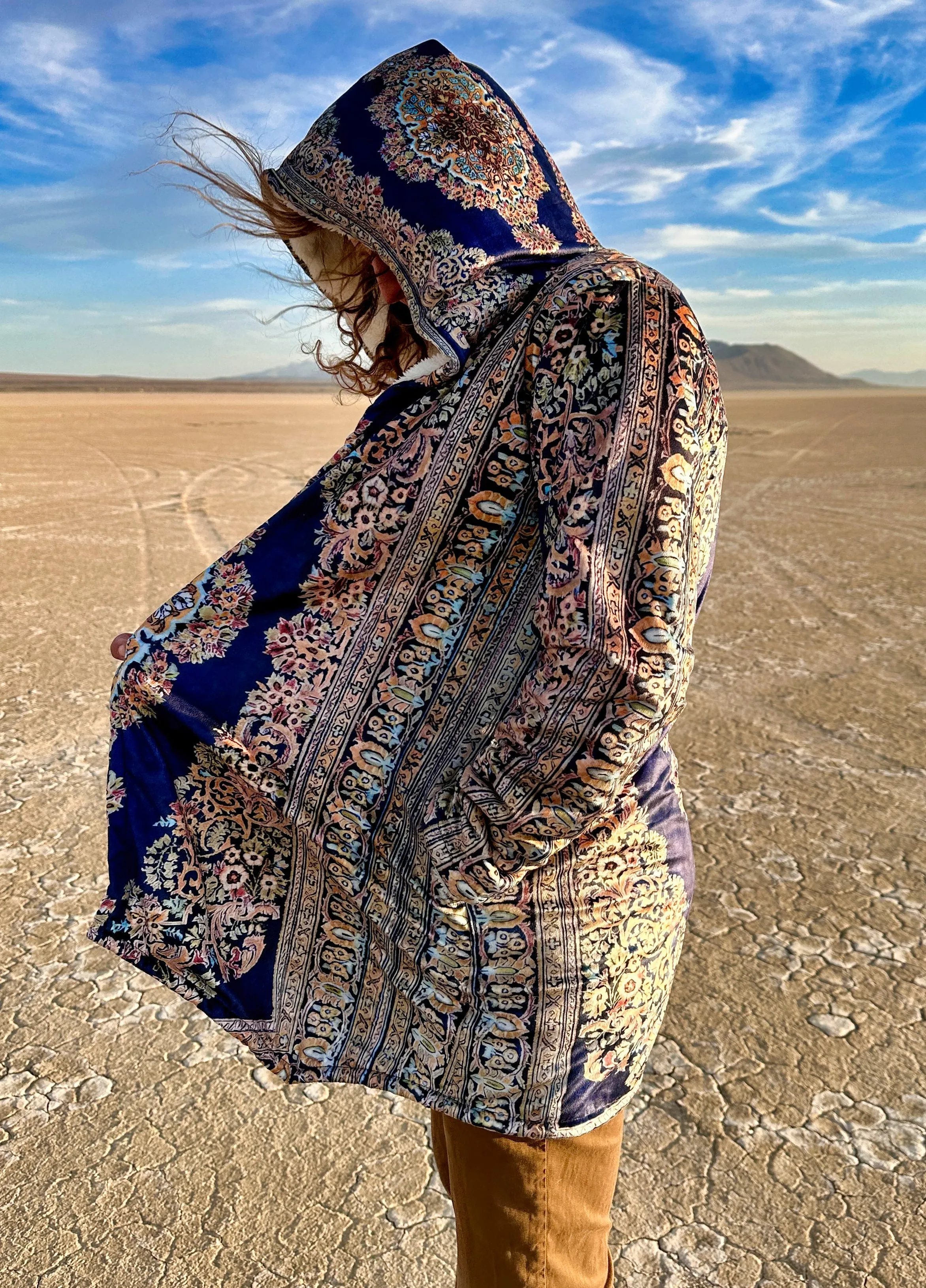 Classic Persian Carpet Cuddle Cloak | Qom, Blue and Gold | Unisex Minky Sherpa Hooded Coat by Manifestie