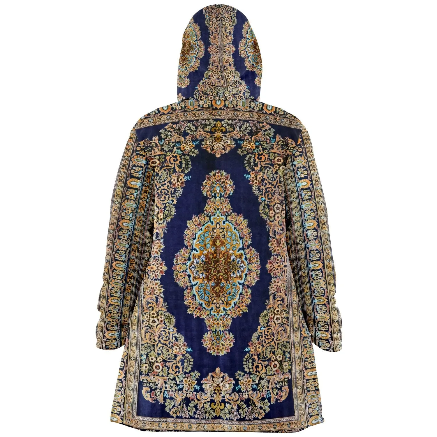 Classic Persian Carpet Cuddle Cloak | Qom, Blue and Gold | Unisex Minky Sherpa Hooded Coat by Manifestie