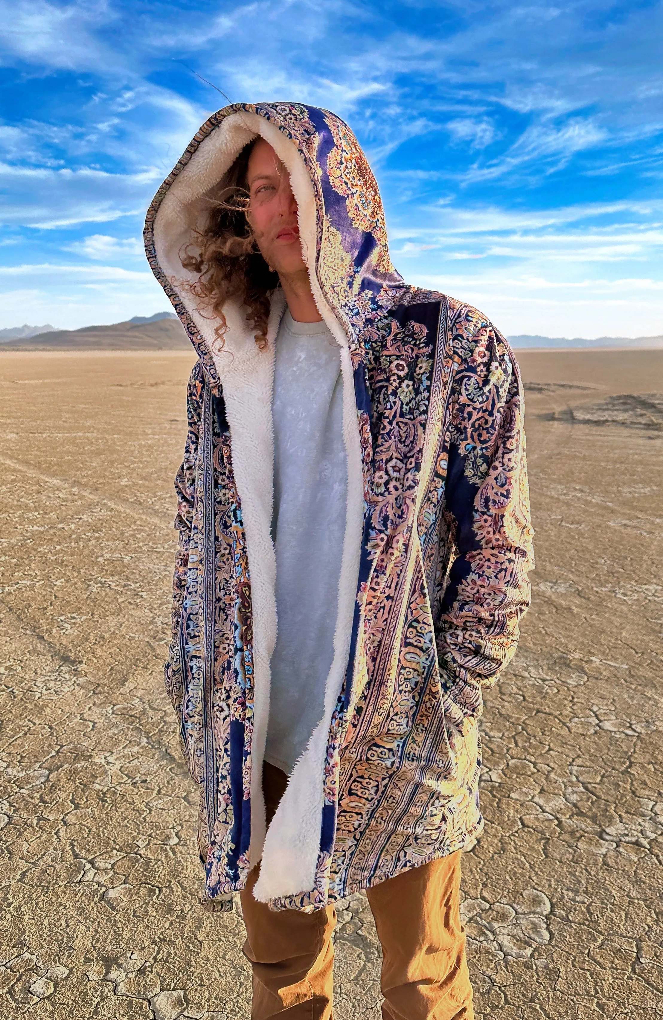 Classic Persian Carpet Cuddle Cloak | Qom, Blue and Gold | Unisex Minky Sherpa Hooded Coat by Manifestie