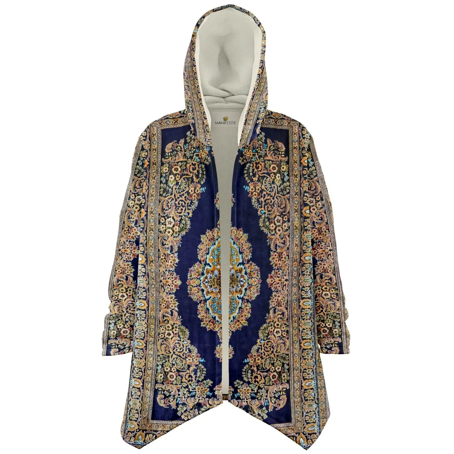 Classic Persian Carpet Cuddle Cloak | Qom, Blue and Gold | Unisex Minky Sherpa Hooded Coat by Manifestie