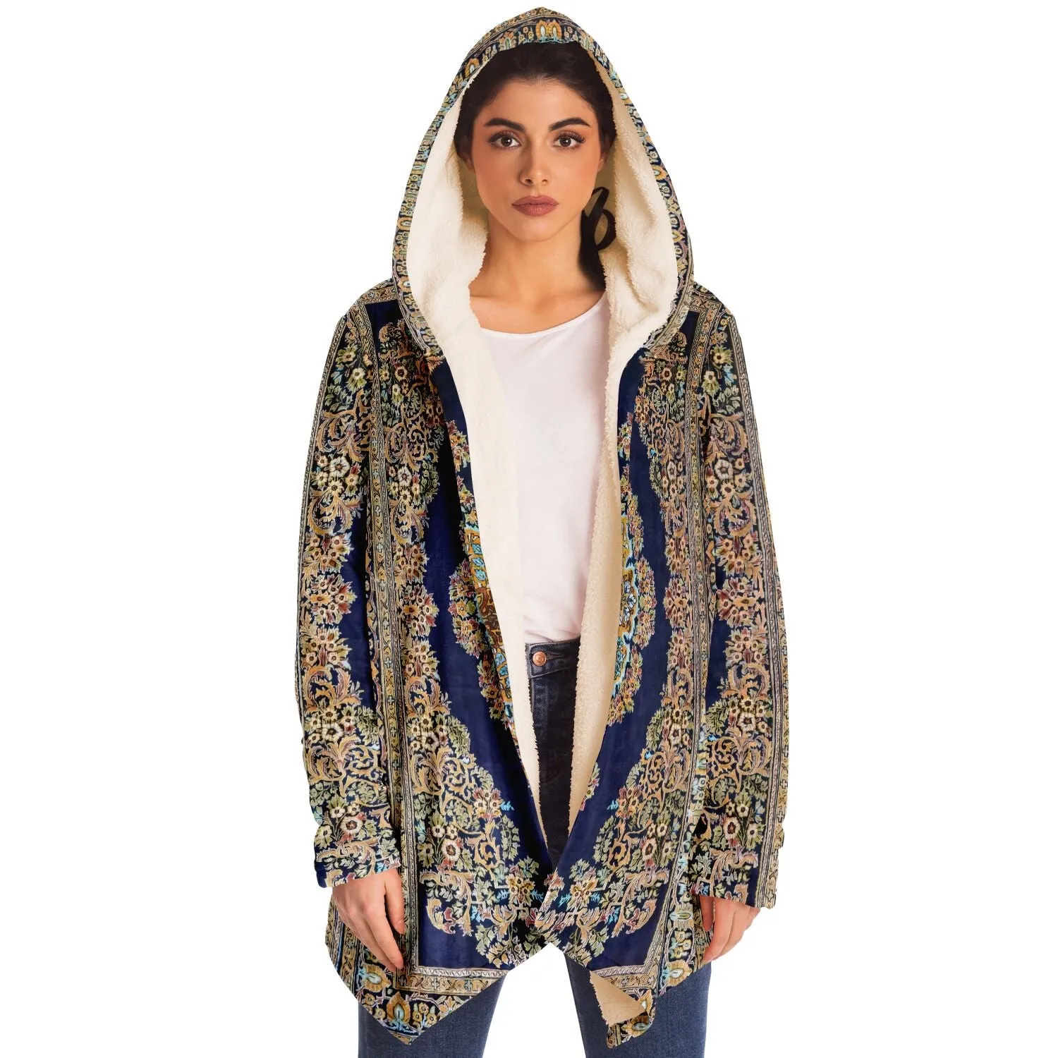 Classic Persian Carpet Cuddle Cloak | Qom, Blue and Gold | Unisex Minky Sherpa Hooded Coat by Manifestie