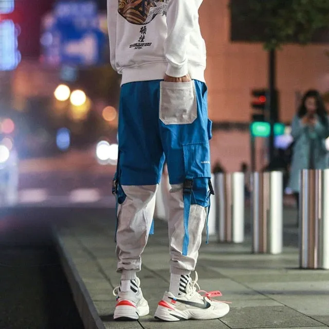 Color Block Pockets Cargo Harem Ribbon Pants Mens Casual Joggers Baggy Tactical Trouser Harajuku Streetwear Hip Hop Fashion Male