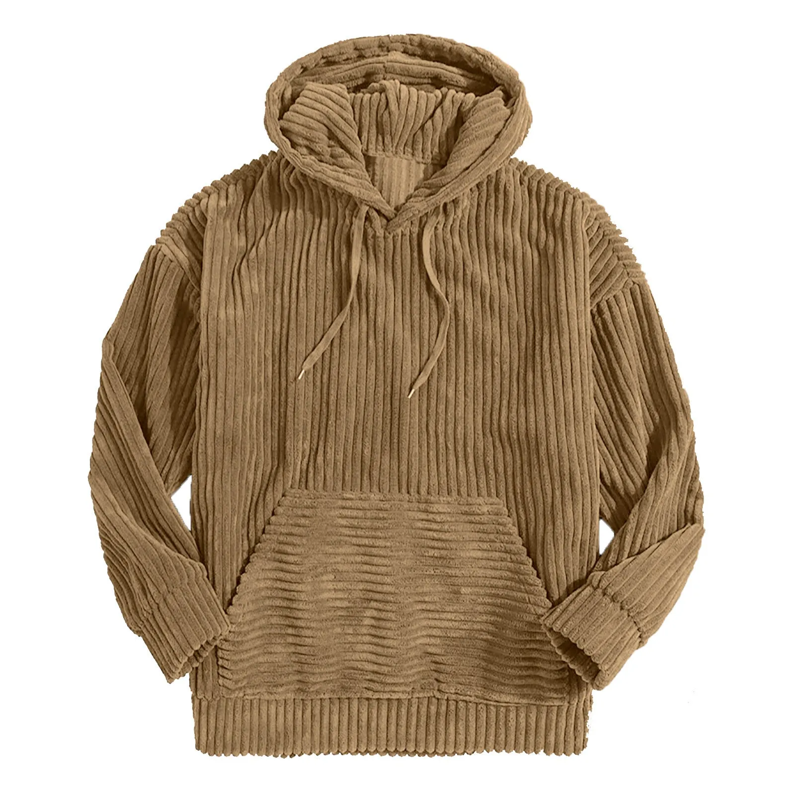 CORDUROY LONG SLEEVE SOLID COLOR KANGAROO POCKET HANGING SHOULDER HOODIE