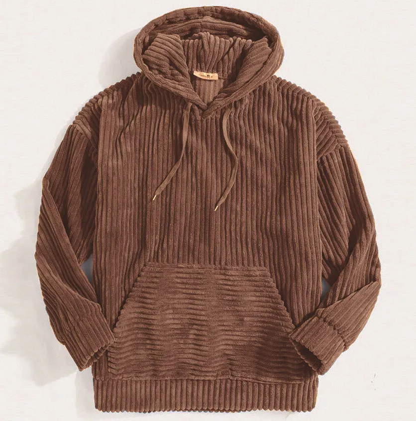 CORDUROY LONG SLEEVE SOLID COLOR KANGAROO POCKET HANGING SHOULDER HOODIE