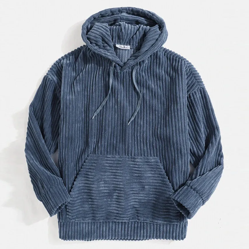 CORDUROY LONG SLEEVE SOLID COLOR KANGAROO POCKET HANGING SHOULDER HOODIE