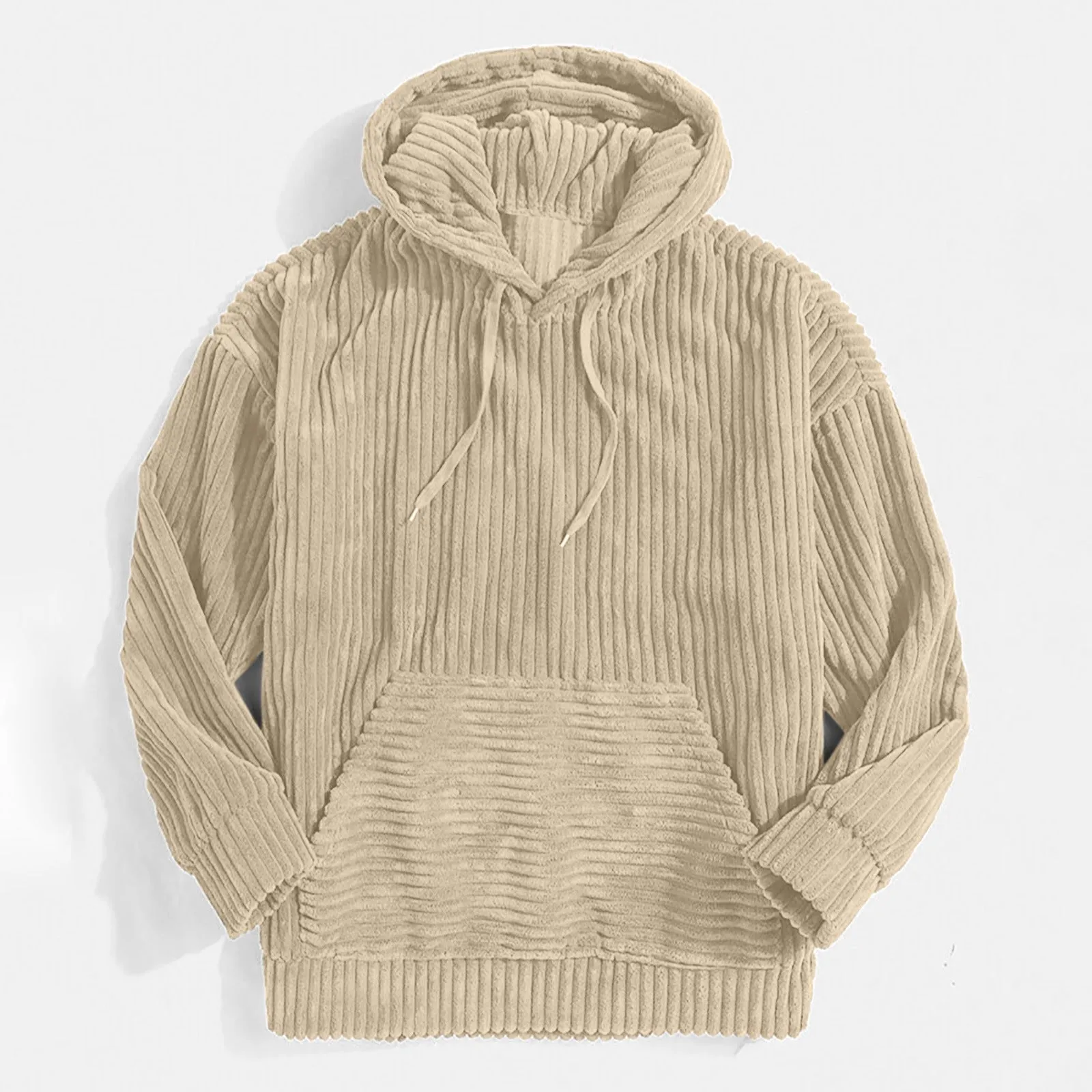 CORDUROY LONG SLEEVE SOLID COLOR KANGAROO POCKET HANGING SHOULDER HOODIE