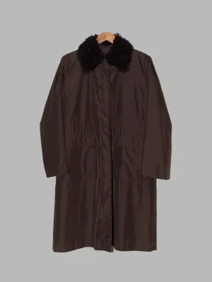 Courreges 1980s - 1990s brown quilted zip coat with detachable fur collar