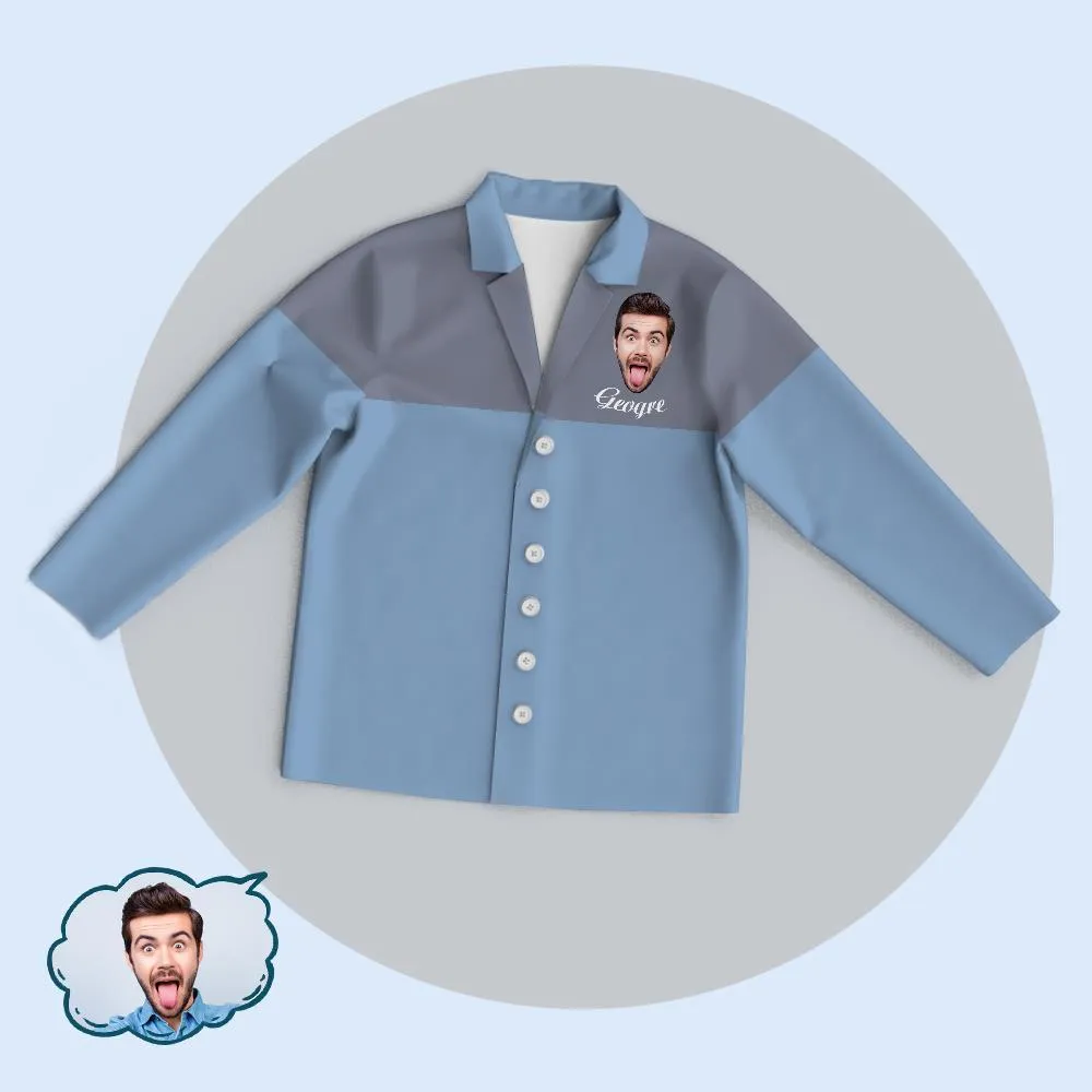 Custom Blue-Grey Colorblock Unisex Cardigan Pajamas Suit Add Your Photo And Name