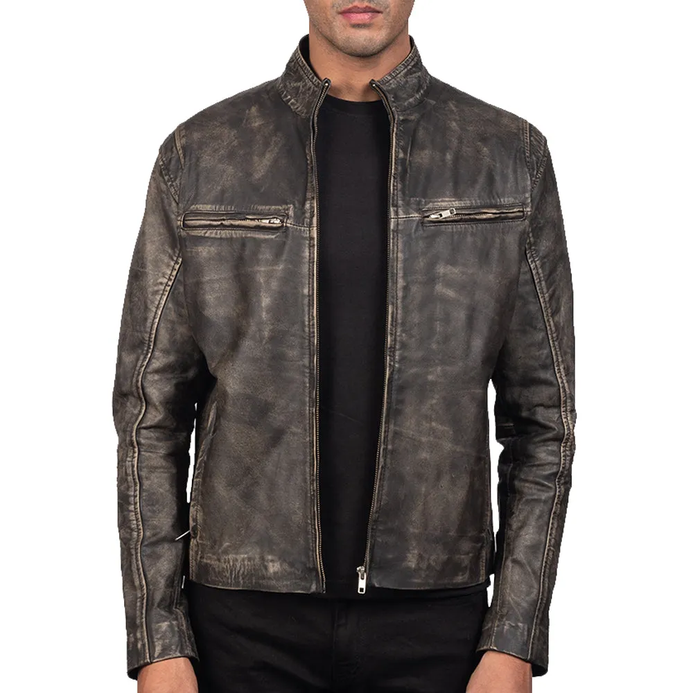 Distressed Brown Leather Biker Motorcycle Jacket