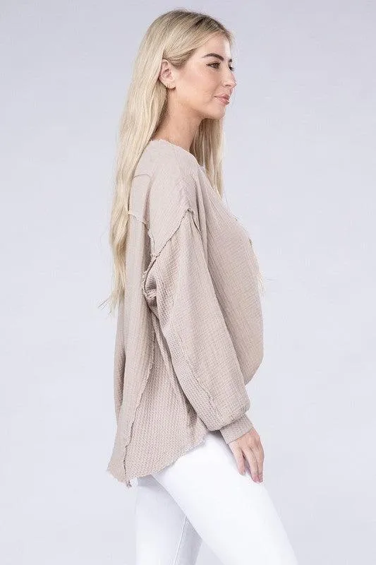 Double Gauze Oversized 3/4 Button Henley Neck Top