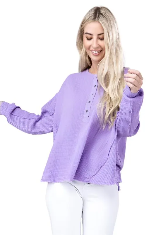 Double Gauze Oversized 3/4 Button Henley Neck Top