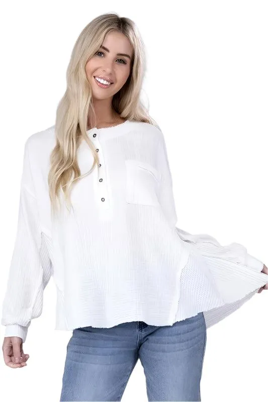 Double Gauze Oversized 3/4 Button Henley Neck Top