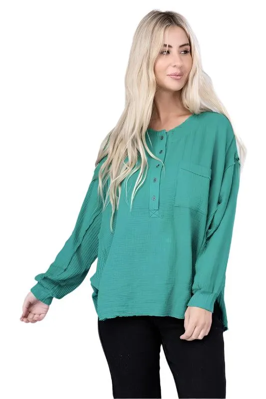 Double Gauze Oversized 3/4 Button Henley Neck Top