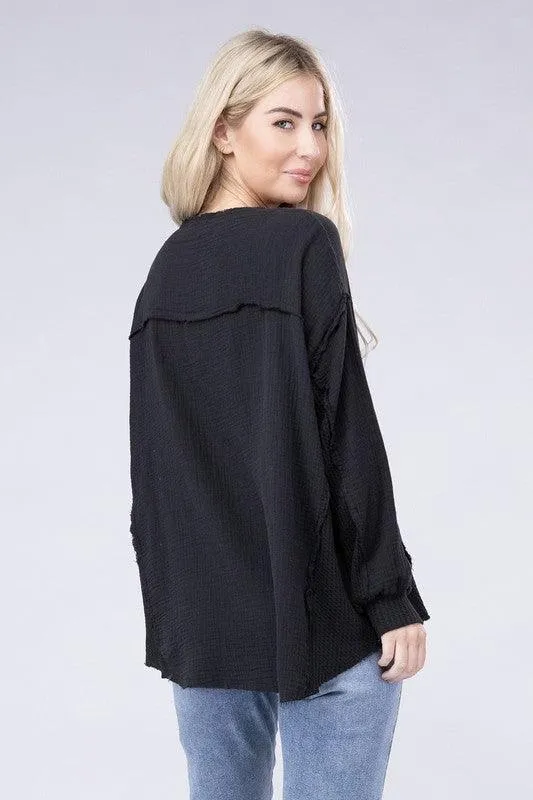 Double Gauze Oversized 3/4 Button Henley Neck Top