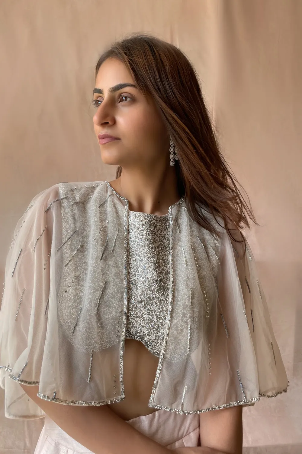 Embellished Crop Top With Cape Lehenga Set