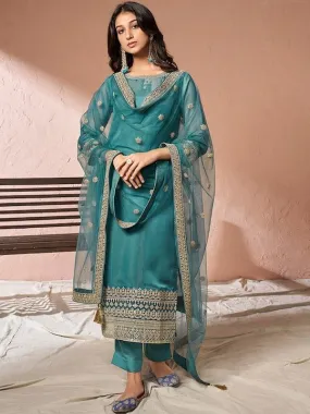Embroidered Regular Organza Kurta with Trousers & Dupatta