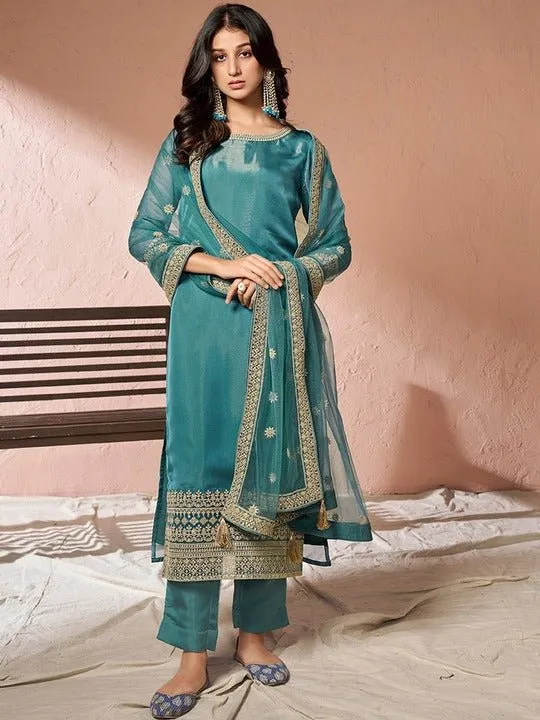Embroidered Regular Organza Kurta with Trousers & Dupatta