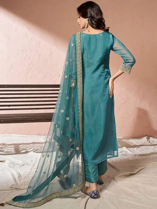 Embroidered Regular Organza Kurta with Trousers & Dupatta