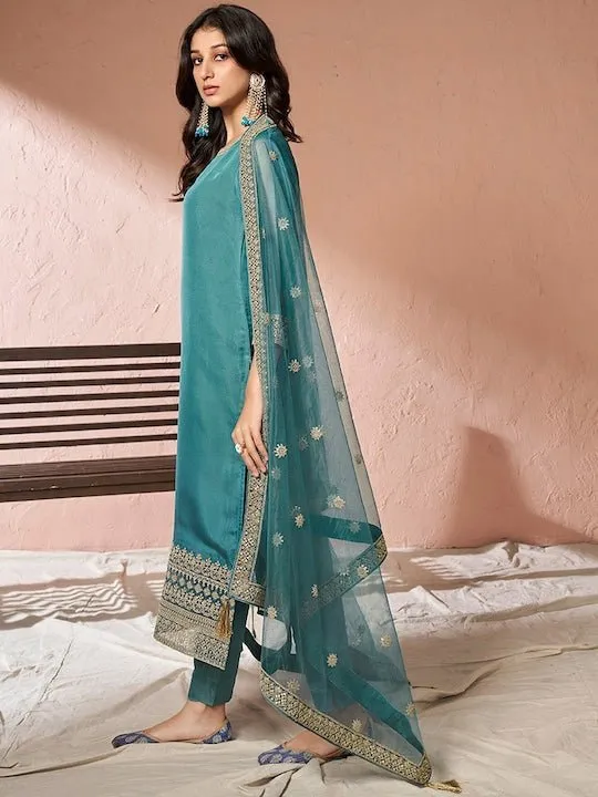 Embroidered Regular Organza Kurta with Trousers & Dupatta