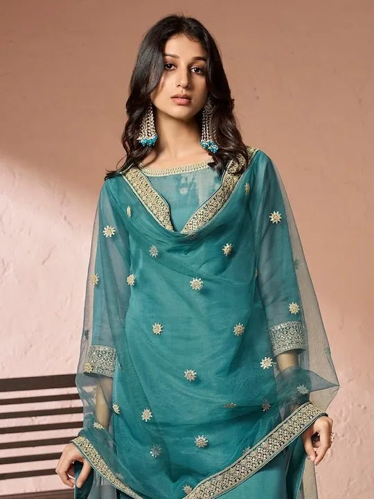 Embroidered Regular Organza Kurta with Trousers & Dupatta