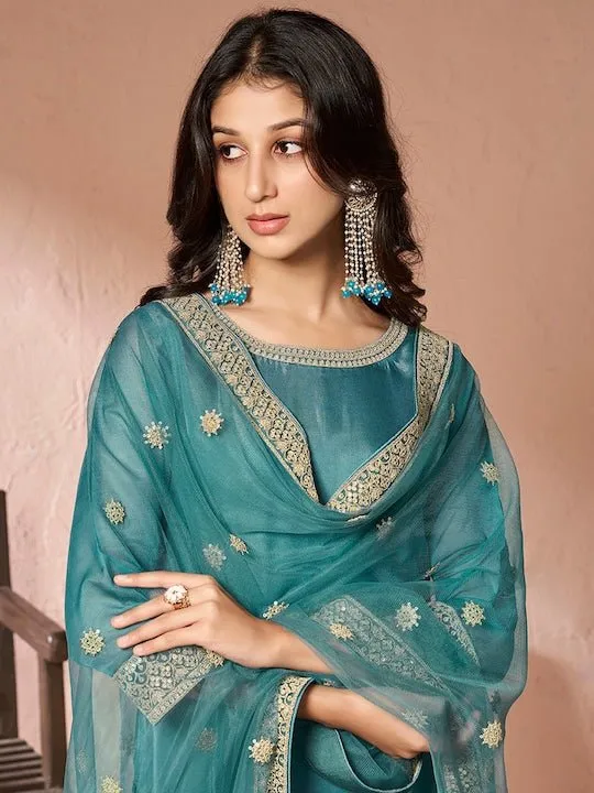 Embroidered Regular Organza Kurta with Trousers & Dupatta