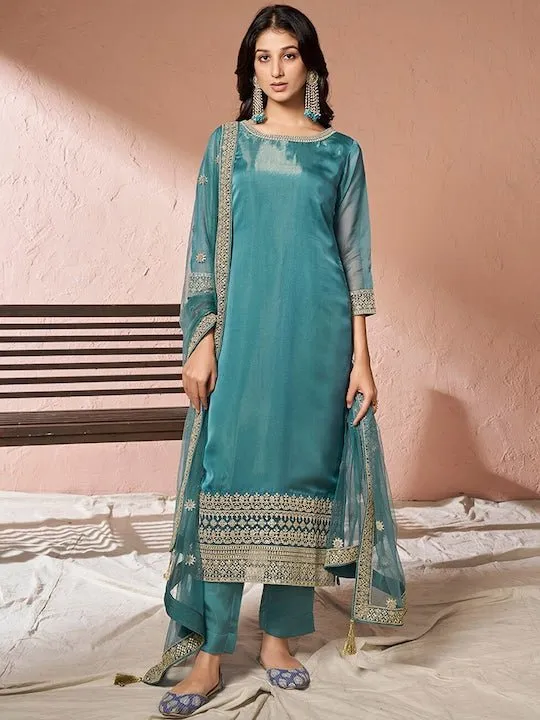 Embroidered Regular Organza Kurta with Trousers & Dupatta