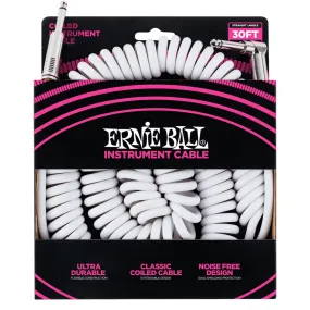 Ernie Ball E6045 Coiled Straight/Angle Instrument Cable - White - 30ft | Guitar Cables | P06045