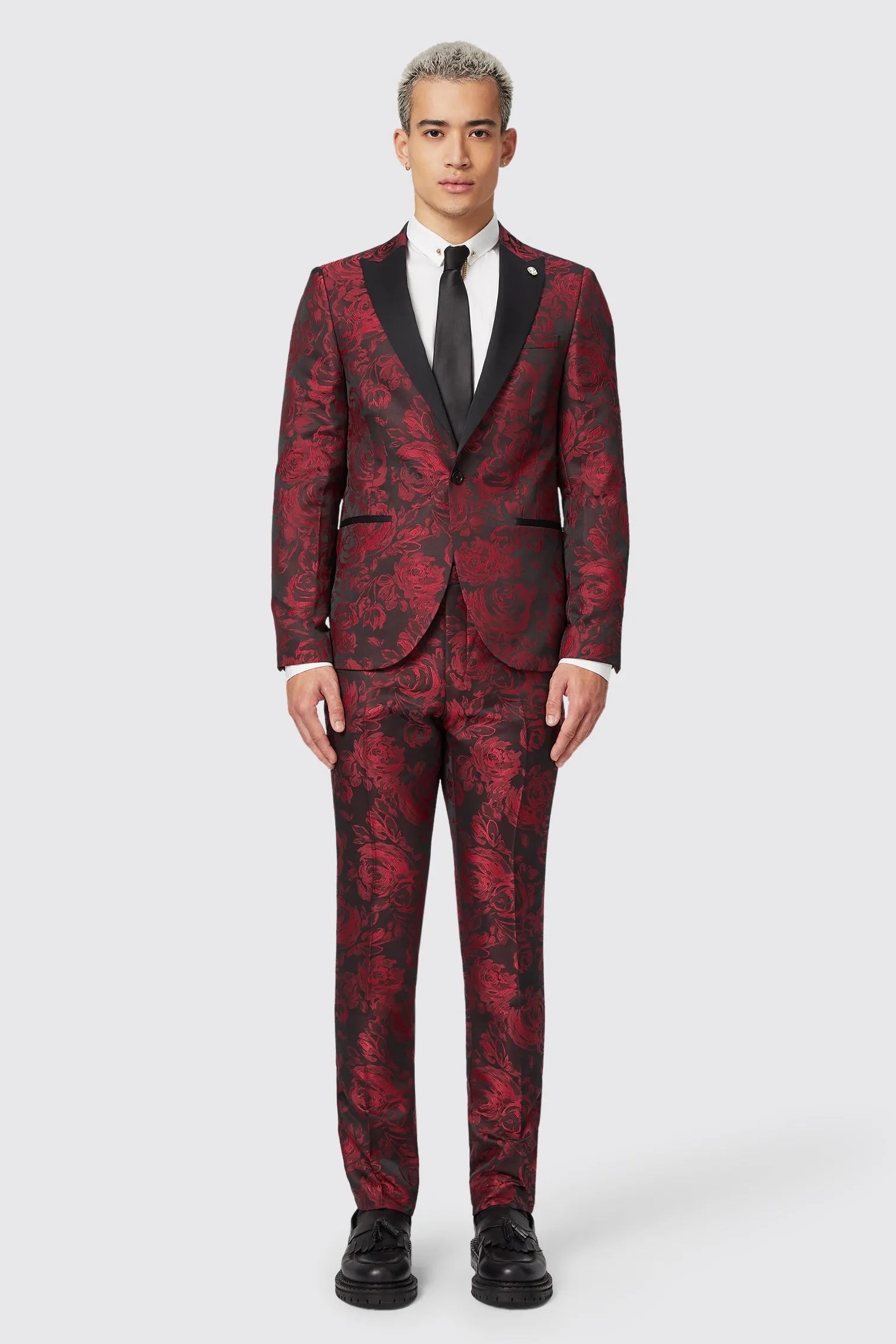 Ersat Skinny Fit Red Floral Jacquard Tuxedo Trouser