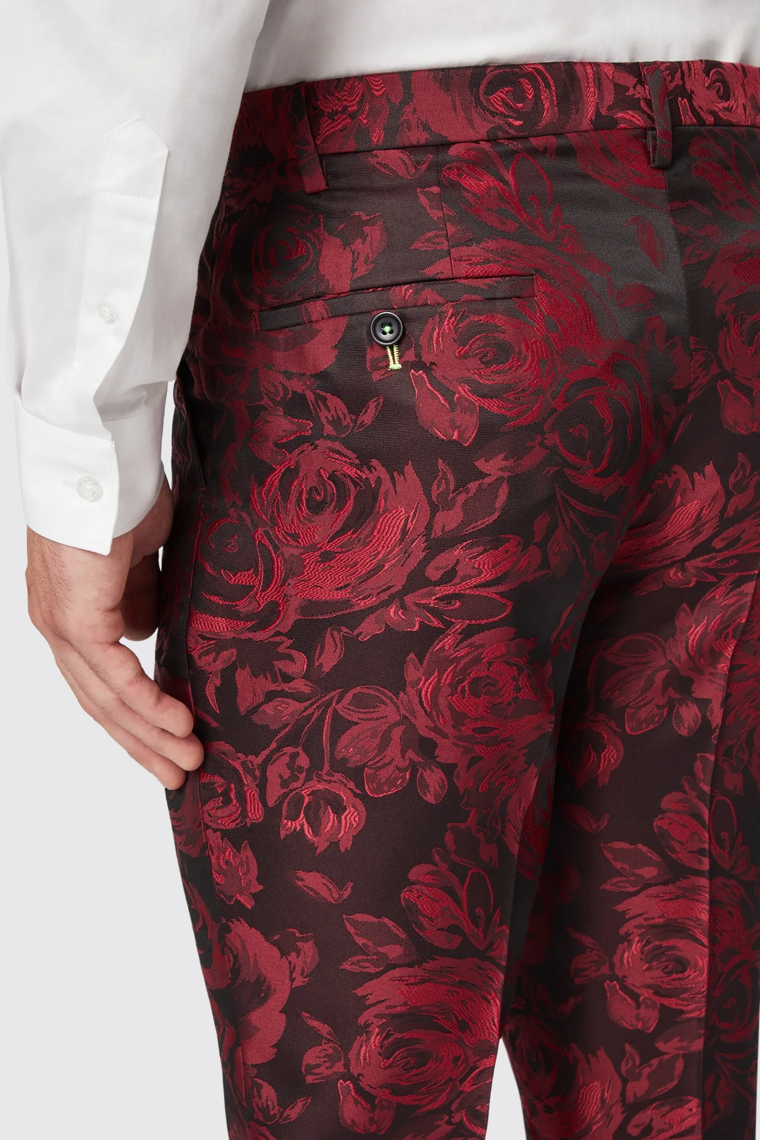Ersat Skinny Fit Red Floral Jacquard Tuxedo Trouser